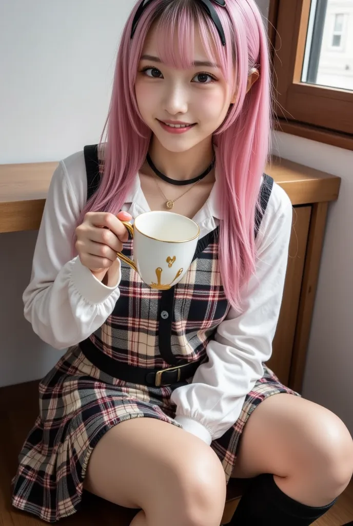 1 girl, gal, seductive smile, makeup, portrait photo, sitting, holding mug, mug
(gold, pink hair, two-tone), black ribbon, hair between eyebrows, very long hair,
Thigh straps, Sweater vest, Plaid skirt, Knee high socks, Pleated skirt, Skirt, Pink nail polish, Black choker, (Best Picture Quality, Masterpiece, 8K, Top Quality, Hyperrealism, Award Winning), Masterpiece, Top Quality, High Resolution, High Detail Photography, Professional Lighting Cafe