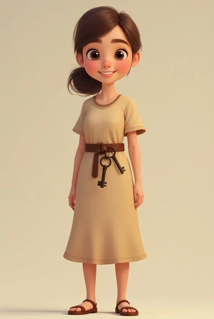 Pixar ART style, realistic human proportions, flat 2d rendering, stylized, 1girl, 22 years old, first century, villager, wearing a simple linen dress, there is a leather belt around her waist with some keys tied to it, medieval clothing, Full body portrait, standing and facing the viewer 