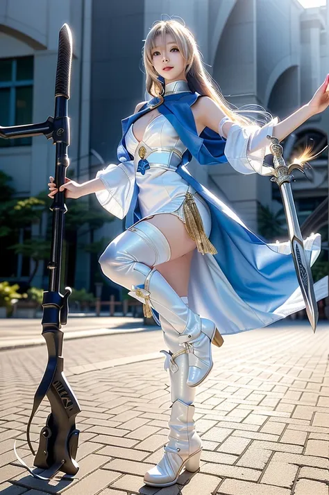 a ２０ year-old japanese model in a white dress and blue cloak holds a sword, anime girl  cosplay, anime  cosplay,   blue accent c...