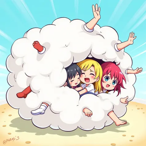 An anime-style cartoon depicting girls playfully wrestling with each other inside a  comical fight cloud.
each girl has different  colored hair.
their faces,hands,and feet are visible emerging from the cloud as they tussle humorously,  with the rest of the...