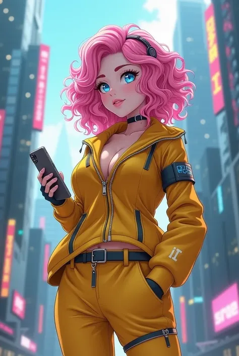 adult anime female  curly pink hair, blue eyes and yellow zip up outfit in a futuristic city holding a smart tab with futuristic gear on her