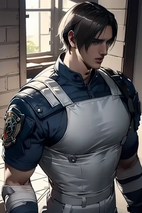 (Highly detailed CG), ( best quality ), (Highly detailed CG), ( best quality ), (Leon S. Kennedy), (Overall view) Huagai ,SWAT Clothing,  beauties, 18 years old,  Lean and muscular,  with a cool and handsome face, Sharp Eyes