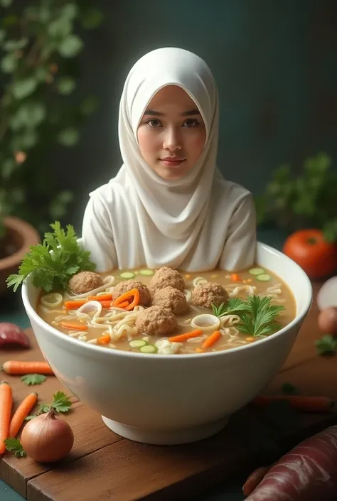 Foto realistic  menawan dan seperti mimpi ilustrasi menampilkan seorang wanita muslim indonesia cantik, wearing white hijab  ,duduk berpose didalam bowl  " meatball " smile, mata menatap kekamera didalam bowl  ,
bowl   " meatball ".  The gravy is a white b...