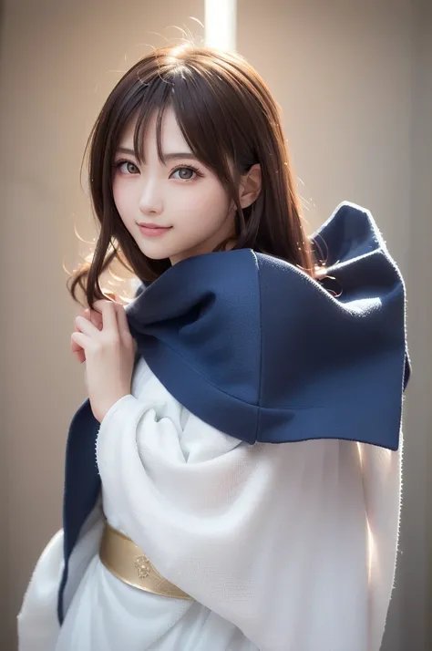 A ２０ year-old Japanese model in a white dress and blue cloak holds a sword, anime girl  cosplay, anime  cosplay,   blue accent costume wearing a white dress and blue cloak ,  cosplay photo, professional  cosplay,  cosplay,  cosplay,  elegant glamourous  co...