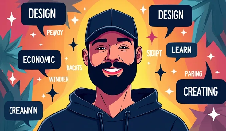  Create a social media profile vector photo for the marketer and developer and designer and a beard and black basketball hat doing digital marketing with write "design" and development" and "technology" and "economic" and "management" and "enjoy" and "lear...