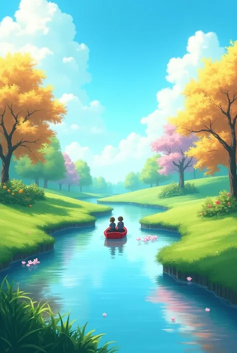 a serene riverside scene depicting two people sitting in a small red boat, drifting along a gently flowing river. vibrant greenery surrounds the water, with lush grass and colorful trees, including pink blossoms and yellow foliage. the sky is clear and blu