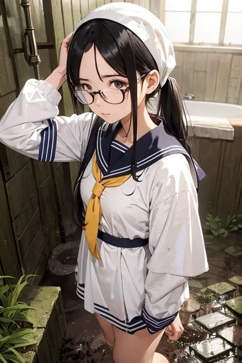 Sailor suit,Covered in mud,Glasses,Black Hair,Shower, headband , puffy face