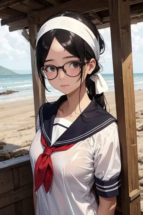 Sailor suit,Covered in mud,Glasses,Black Hair,Shower, headband , puffy face