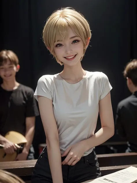 {masterpiece}, 1woman, (pov), (portrait), (face on focus), standing, (big smile), (live music club, backstage, dark lighting), 20years old, ((blonde hair, very short hair, pixie cut)), short sleeve white shirt, black capri pants, Korean
