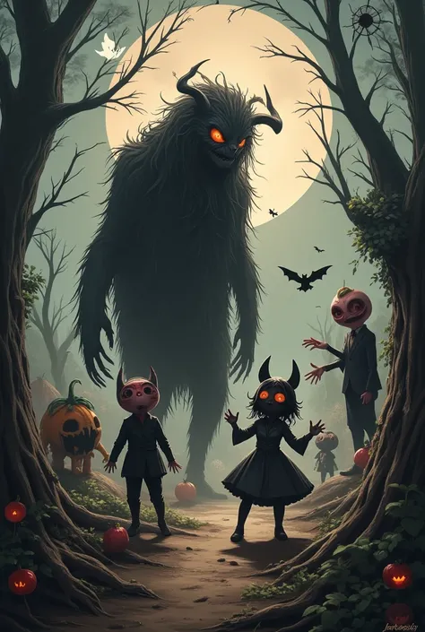 strange, mysterious and dark artwork, slightly horror-like Halloween monsters, masked figures, giants, Alice in Wonderland and Charlie and the Chocolate Factory-esque, various effects, delicate and dynamic textures, contrasts of light and shadow, portrait,...