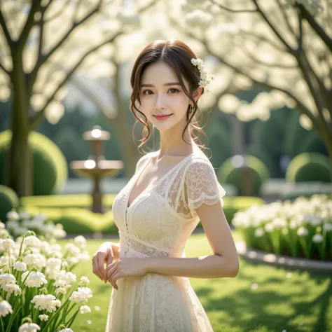 a photorealistic, highly detailed image of a serene east-asian woman standing in a lush, sunlit garden filled with flowers and g...