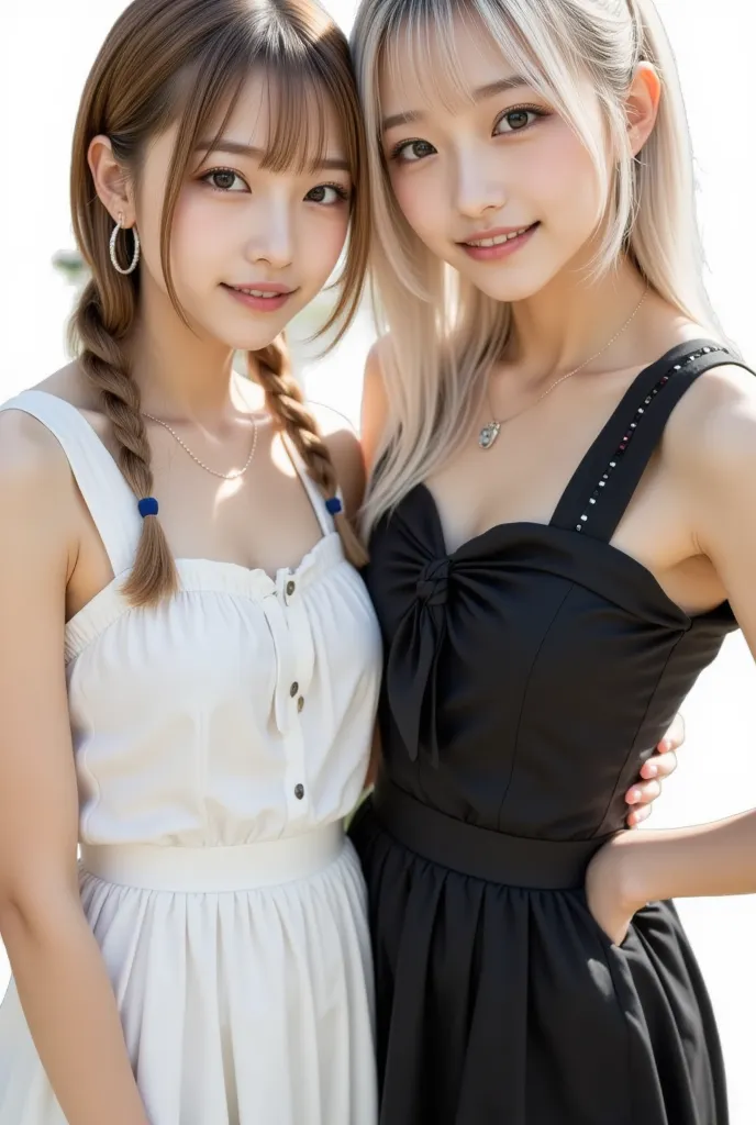 (2girls:1.3), gorgeous, beautiful, (beautiful portrait of two women:1.25), (top quality, masterpiece:1.2), (realistic:1. 2), 16K, absurd, beautiful eyes, (girl 1 has (white hair, twin_tail, blond eyes, dark skin tone, white dress)), (girl 2 has (blond hair, side_ ponytail hair, pale skin, black dress))), (embracing: 1.2), (seductive smile: 1.2), (dynamic lighting), highly detailed, (close-up: 1.1), attractive photo of two Japanese women,