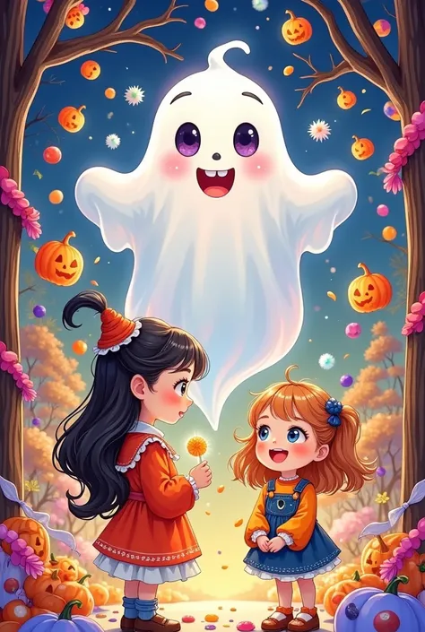 halloween theme，   exquisite cartoon digital illustration ： a cute ghost guards a beautiful girl ，  laughs out loud  ， open your...