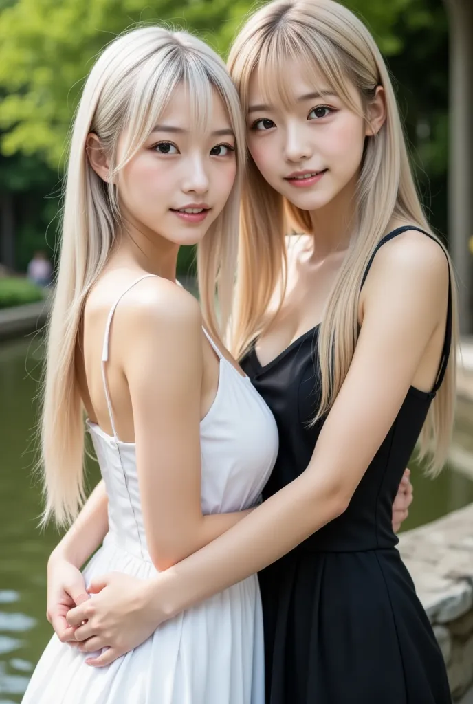 (2girl:1.3), gorgeous, beautiful, (beautiful portrait of two women:1.25), (top quality, masterpiece:1.2), (realistic:1. 2), 16K, absurd, beautiful eyes, (girl 1 has (white hair, twin_tail, blonde eyes, white dress)), (girl 2 has (blonde hair, side_of_the_head ponytail hair, black dress))), (separate women with different faces embracing: 1.2), (seductive smile: 1.2), (dynamic lighting), highly detailed, (close-up: 1.1), Attractive 2 Japanese women, Japanese garden