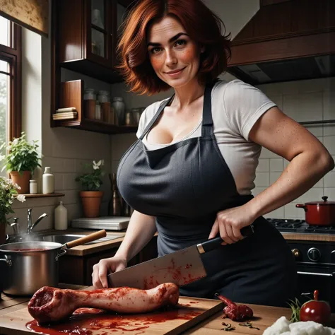 photorealistic, cinematic style, picture of a beautiful british woman cooking in her kirchen. (dynamic pose: 1.5), (slight smile...