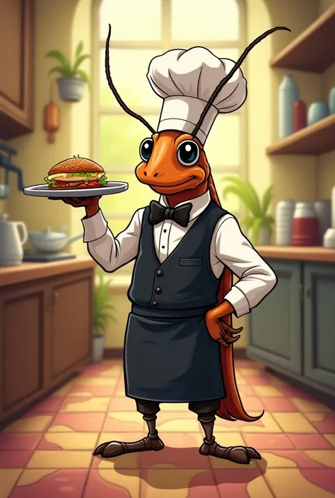 A cockroach wearing a waiter dress in cartoon style