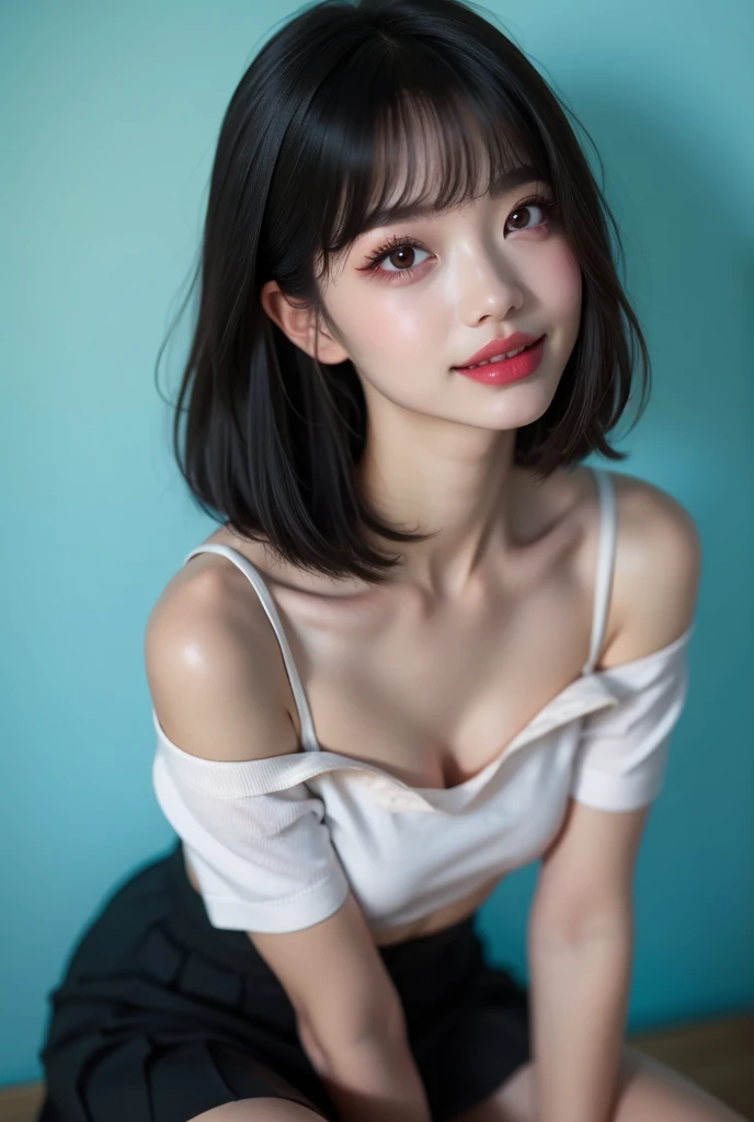 ((very realistic)), ( super realistic)、 very realistic images , white back drops ,,15-year-old female、 short black bob hair , hi...