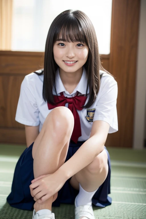 there is a woman sitting on the floor with her legs crossed, cute schoolgirl, a hyperrealistic schoolgirl, young and cute girl, of a schoolgirl posing, japanese girl school uniform, wearing japanese school uniform, pretty face with arms and legs, hyperreal...