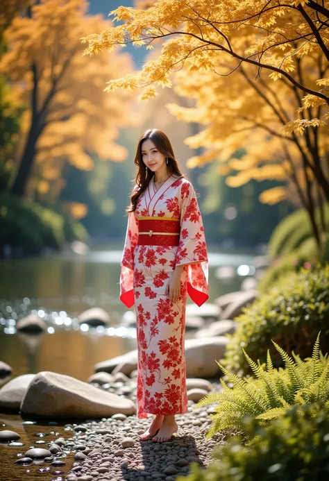 IMG_0134.CR2, A woman in a bright red white yukata stands gracefully on a pebble river bank. Golden maples frame the scene, their branches reaching up to the calm water, reflecting the autumn foliage. Sunlight pierces through the leaves, casting a soft glo...