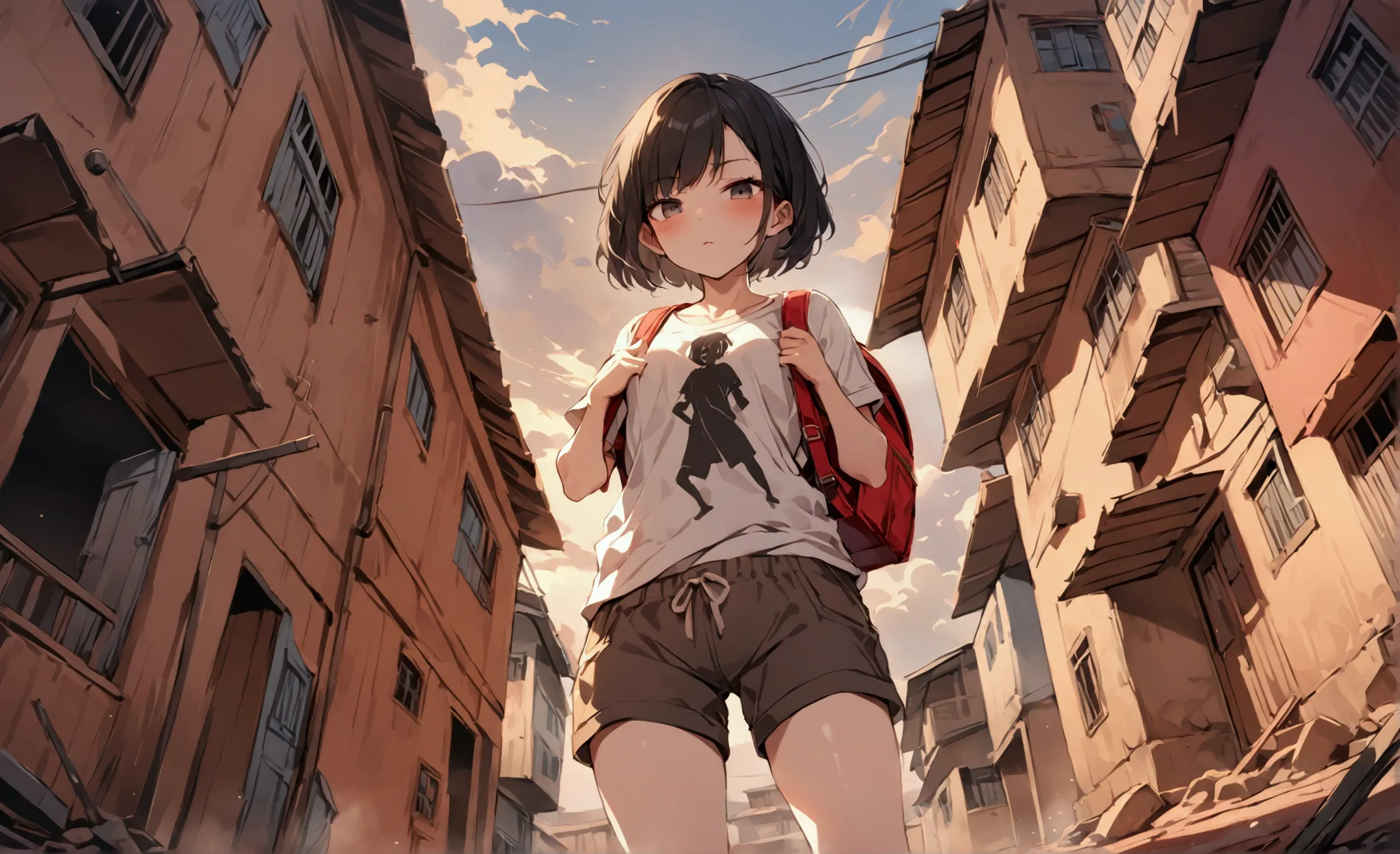 masterpiece,  attractive girl carrying a backpack,  short hair, black hair, worn out t-shirt,  shorts, 4k resolution,  kampala, ...