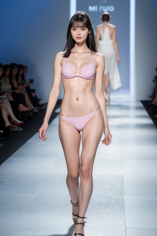 arafed image of a woman in a bikini walking a dog on a runway, a pastel by Mi Fu, tumblr, realism, fashion model, Calvin Klein lingerie model,cleavage,slender waist,abs, korean womens fashion model, on the runway, japanese model, mai anh tran, catwalk phot...