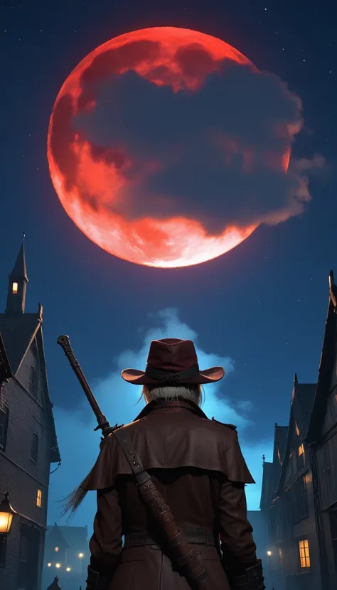 Night Sky、(((漆黒のNight Sky))),  Bloodborne Hunter ,  (((very dark brown clothes))),  from behind,     background  , lunar eclipse、 (((very dark red full moon))), 1800s London’s like 狭い路地裏、Misty,  dark fantasy art,  best quality  ,    wide shot  , Ultra Wide...