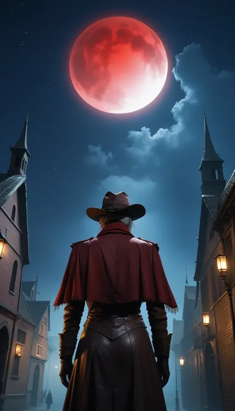 Night Sky、(((漆黒のNight Sky))),  Bloodborne Hunter ,  (((very dark brown clothes))),  from behind,     background  , lunar eclipse、 (((very dark red full moon))), 1800s London’s like 狭い路地裏、Misty,  dark fantasy art,  best quality  ,    wide shot  , Ultra Wide...