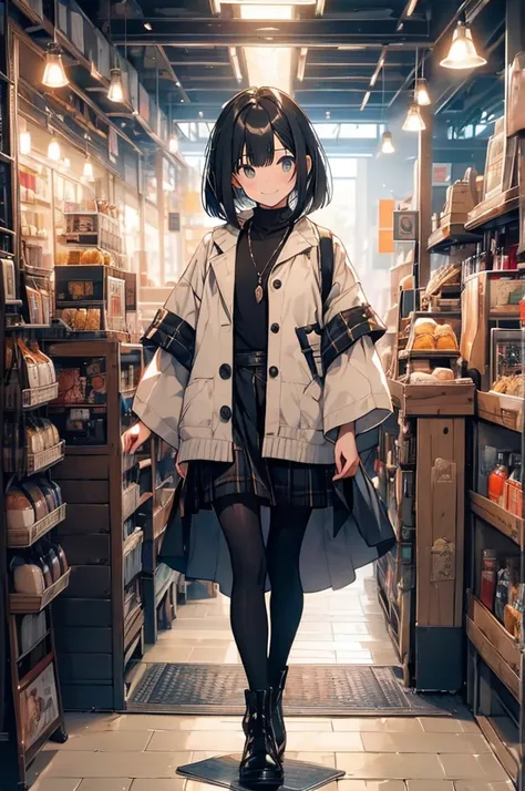 Best Quality, (1 person:2.0), Neutral Male,( flat chest:1.3), 7 heads,Black Hair ,Black Hair,( BOB CUT HAIR),sweater,poncho ,kilt skirt,(Vertical striped tights:1.2), short boots,cafe storefront ,西洋windの街並み,standing,Smiling Kindly,wind,smile,Portraiture,su...