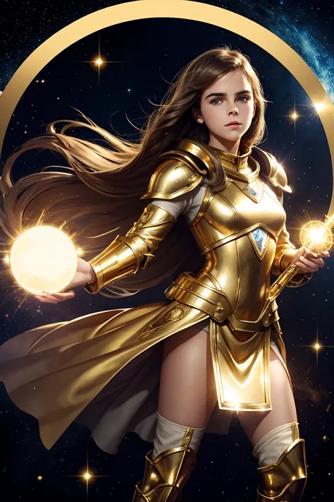 vintage scifi. vintage. teenEmmaWatson  floating in space, surrounded by few  golden spheres, gold-and-white armor-like outfit. holding a large, gleaming spear. 
dark background few golden spheres. sparkly blue eyes.