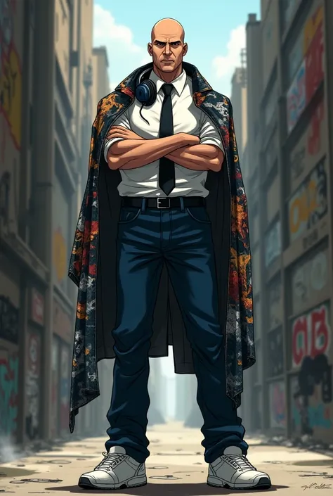 Anime damon slayer, Kentaro Muita art style, man, bald, white shirt, black tie, jeans, Shirt off the pants , Grafitti print jacket , white sneakers, standing,  headset hanging around the neck, arms crossed.