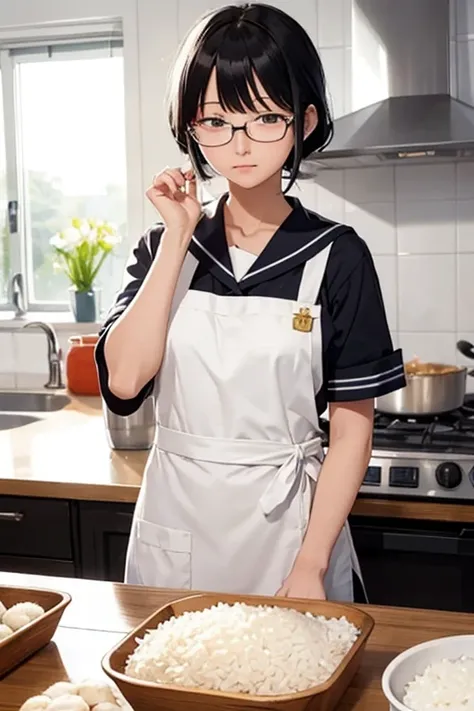 Sailor suit,apron,Making rice balls,Black Hair,Bad mood,Glasses