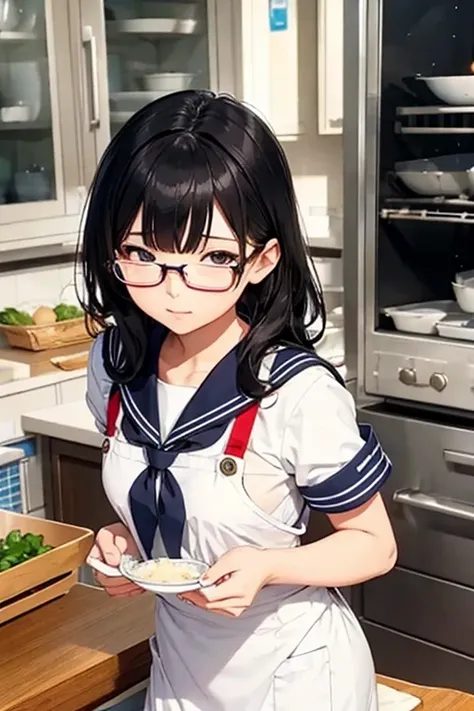 Sailor suit,apron,Making rice balls,Black Hair,Bad mood,Glasses