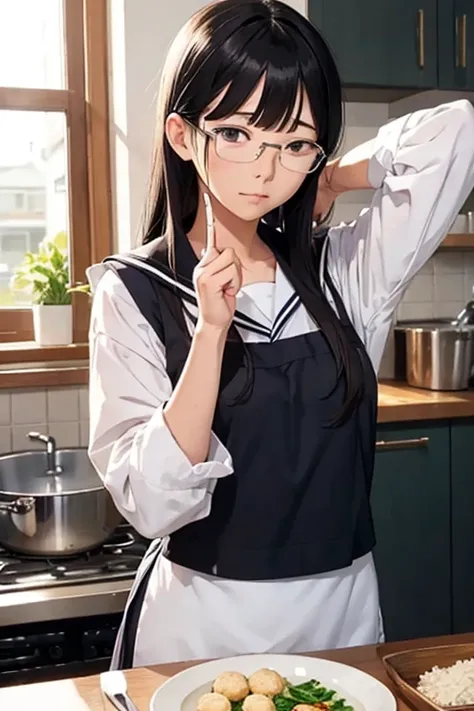 Sailor suit,apron,Making rice balls,Black Hair,Bad mood,Glasses