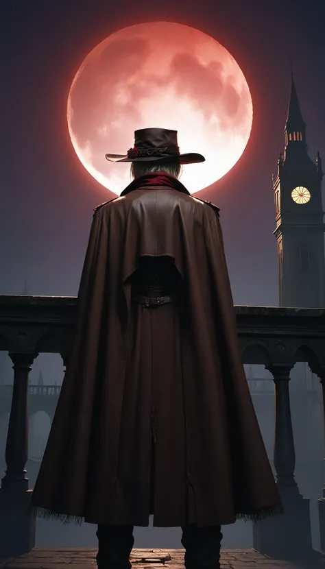 Black Night Sky、 Bloodborne Hunter ,  (((very dark brown clothes))),  from behind,     background  , lunar eclipse、 (((very dark red full moon))), 1800s London’s like 狭い路地裏、Misty,  dark fantasy art,  best quality  ,    wide shot  , Ultra Wide Angle,  ultra...