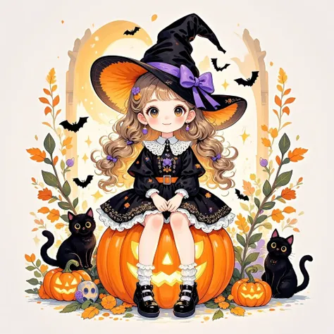 cartoon illustration style, , many, rococo, line illustration , hand drawn illustrations, halloween, 1 girl, cute little witch, ...