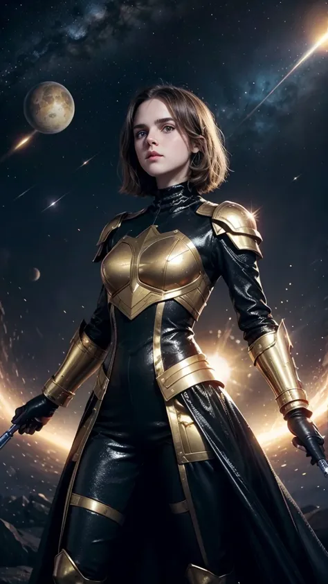 vintage scifi. vintage. teenEmmaWatson  floating in space, surrounded by few  golden spheres, sparkly black armor-like outfit. holding a large, gleaming spear. 
dark background few golden spheres. sparkly blue eyes.