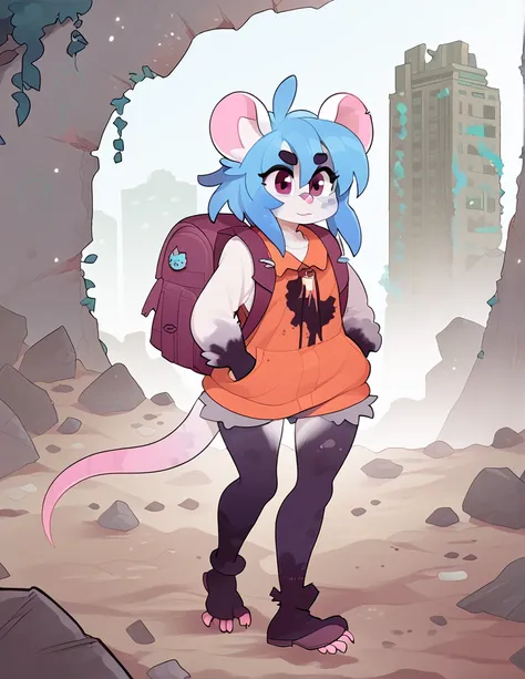 1girl, solo, walking through ruins, apocalyptic city, ((rat girl, kemonomimi, cute, blue hair, white fur, apocalypse survivor, b...