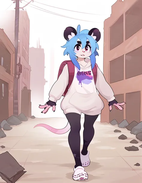 1girl, solo, walking through ruins, apocalyptic city, ((rat girl, kemonomimi, cute, blue hair, white fur, apocalypse survivor, b...