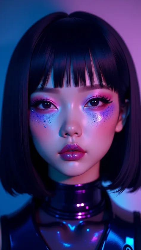 80’s glam rock makeup on shiny android face, anime, 2.5d, glittery face, moody lighting, (purples, pinks, and blues), iridescent...