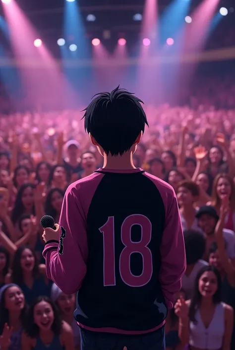 sold out stadium concert, rock concert, night, pov from the stage to the crowd, weisser dünner American anime 20 jahre alt mit mittellangen schwarzen haaren schaut in die camera, mit black pink jersey pullover mit "18" on the sleeve and "Rabby" on the back...