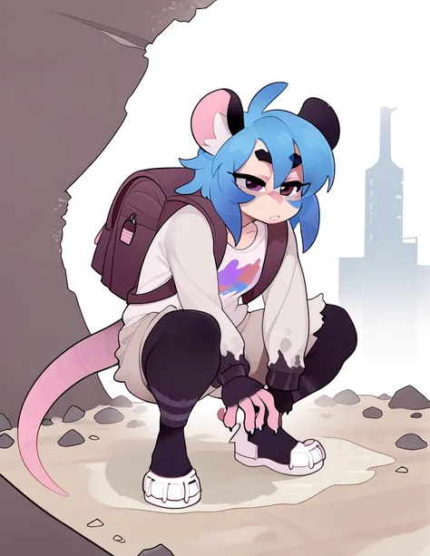 1girl, solo, adult, hips, figure, ruins, apocalyptic city, ((rat girl, kemonomimi, cute, blue hair, white fur, apocalypse surviv...