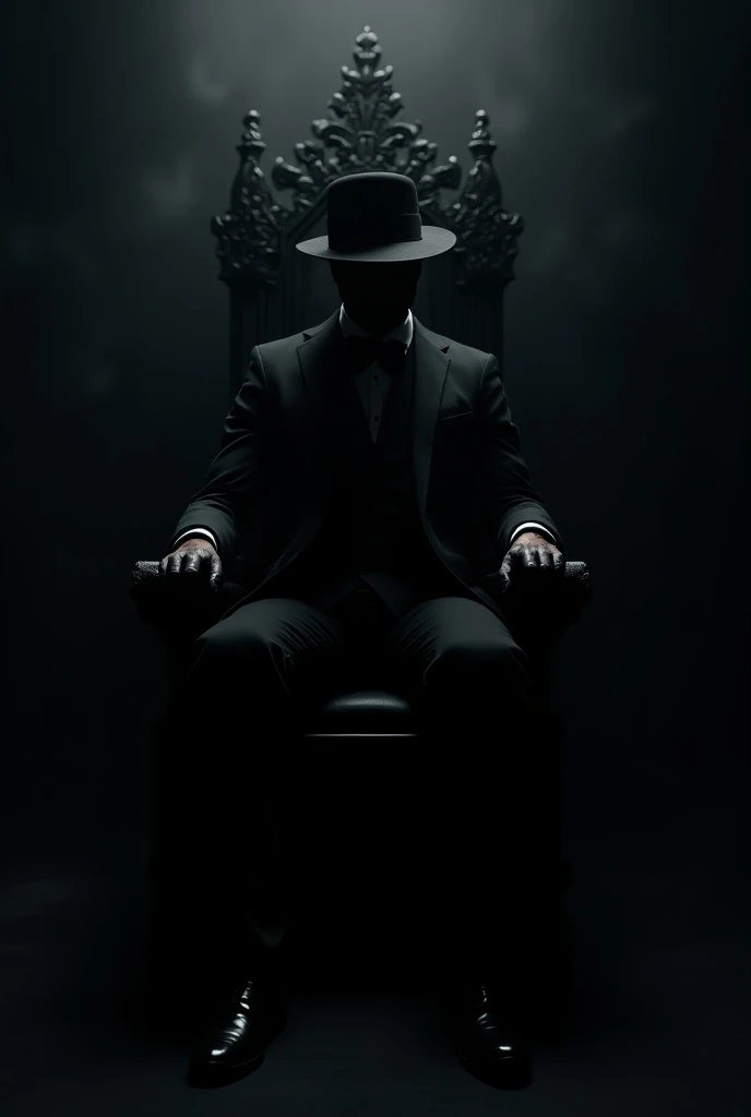 Shady man in a tuxedo and black cap and black gloves sitting on the dark black iron throne on dark black sky black background and black haze