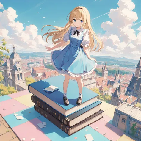 ((pastel))、 woman,Alice,High angle, standing on a book ,It&#39;s a small world,With a smile, Eyes closed, yellow hair,Long Hair,Momiage has braids , black ribbon headband ,Big ribbon,Blue dress,White Apron, the background is an appropriate blur ,The background is a masterpiece on a desk ,Best Quality,Exquisite,8k, absurd, super detailed illustration ,(Watch the audience)