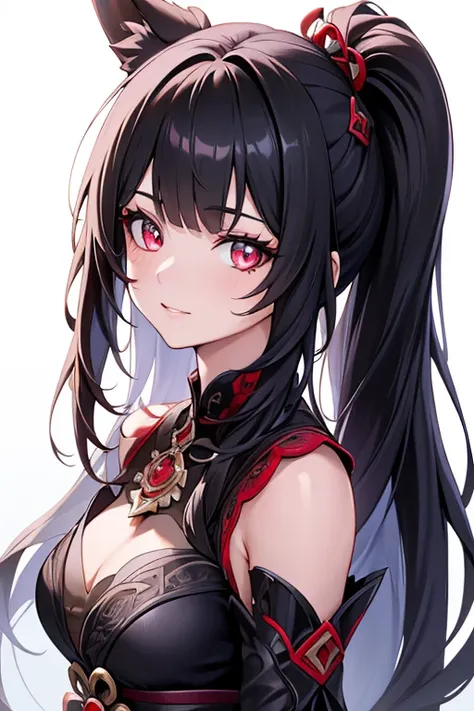 beautiful woman with red eyes, 2 ponytails, long black hair, fox ears, wearing a beautiful red dress, black leggings, genshin im...