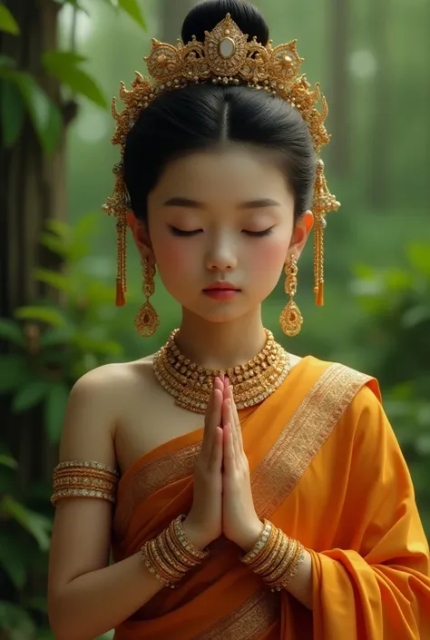 Photo of a beautiful half-Burmese girl Resolution 8k, prominent nose, dressed in the most expensive Myanmar national costume in the world, white colours. and Myanmar art jewelry, including bracelets, earrings, and necklaces. Meditation Sitting cross-legged...