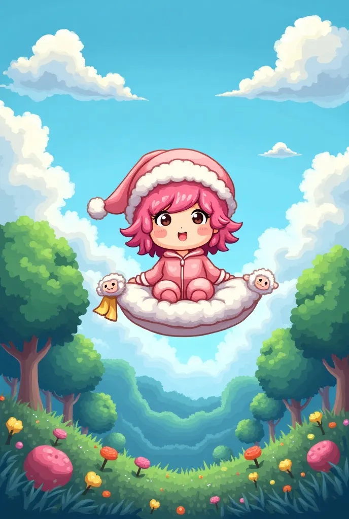  pixel art,  Easy-to-read pixel art , SNK, Super Nintendo pixel art , 16bit, Outdoor:1.5,  pink haired girl, Alone, 2 heads, Chibi, Fluffy hair,  wearing a nightcap , In pajamas, (Fly in the sky on a big pillow:1.3),  in a fancy, brightly colored forest,  a life gauge in the shape of a sheep 