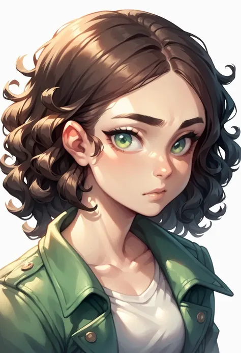 1 woman, Alone, close-up, curly hair,Feathered Bangs, dark brown hair with a tuft partially covering the left eye, Half closed green eye , casual wear with tight denim jacket , calm expression, white background,broad forehead,The cheeks taper to a pointed ...