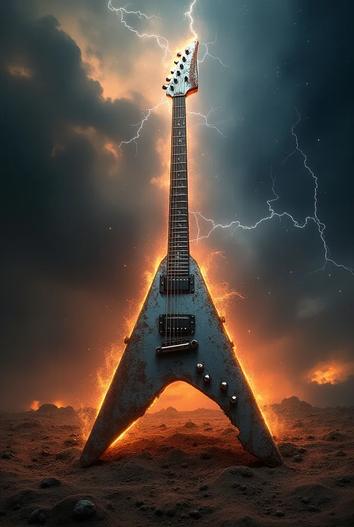 conceptual installation artwork, Flying V electric guitar stuck in the ground, made of plated metal, rusty in places, background space rays lightning falling, various effects, delicate and dynamic textures, contrasts of light and shadow, 2.5D, artistic photography, hyper realistic, digital graphic CG, ultra detailed, absolutely resolution, best quality