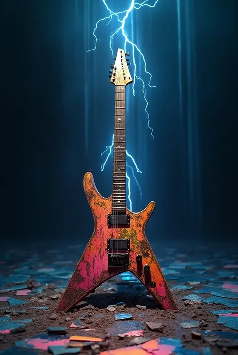 conceptual installation artwork, Flying V electric guitar stuck in the ground, made of plated metal, rusty in places, background space rays lightning falling, shattered iridescent glass, maze-like pattern painted with fluorescent paint, various effects, de...