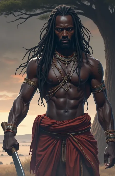 Black African man with athletic body ,   warrior Massay with a machete in his hand 